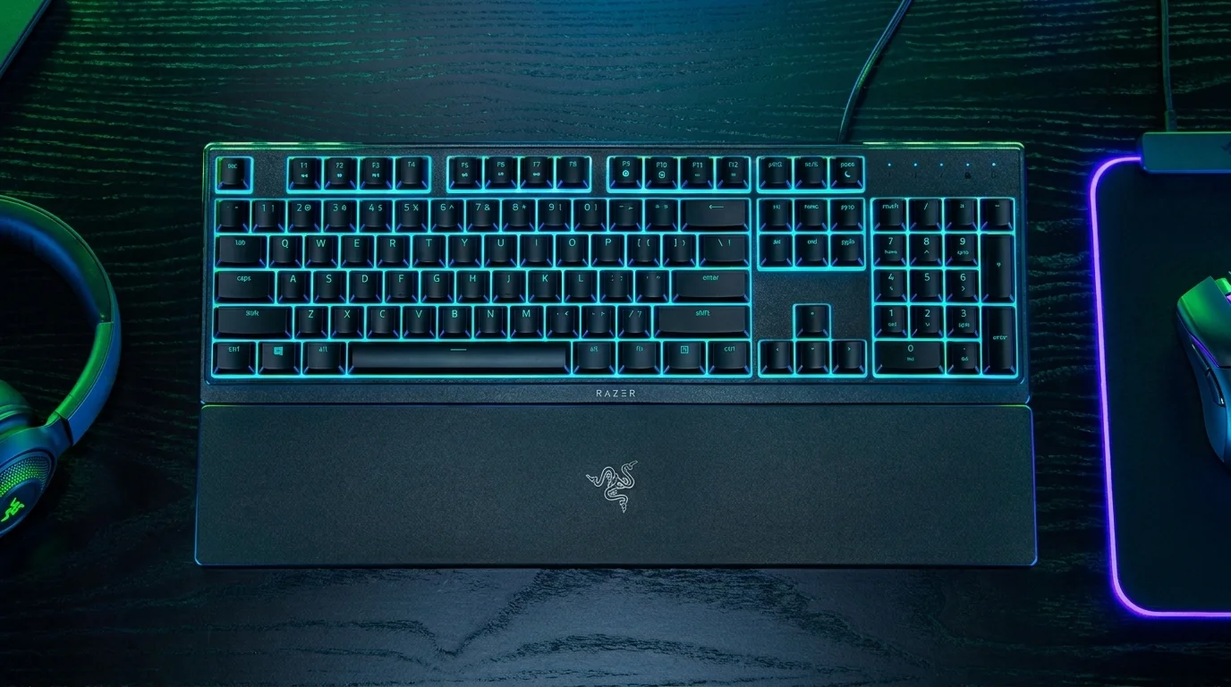 Herní klávesnice Razer Ornata V3 X s tyrkysovým podsvícením a opěrkou zápěstí na tmavém dřevěném stole.