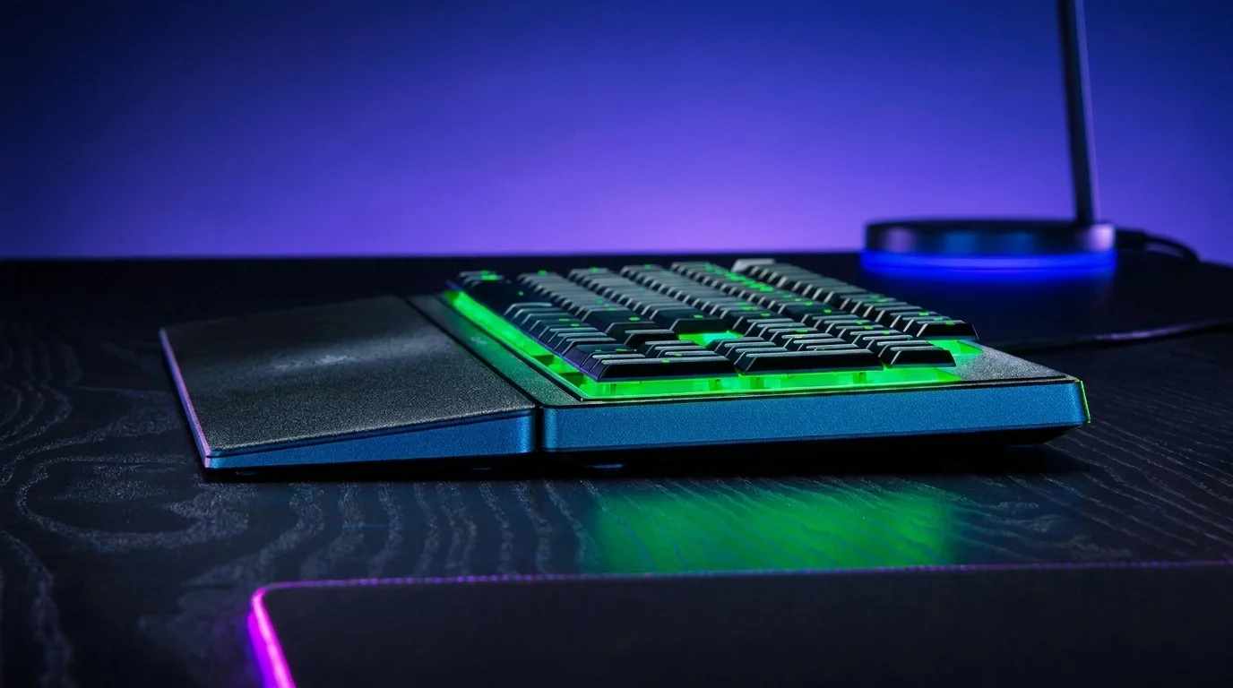 Herní klávesnice Razer Ornata V3 X s nízkým profilem, zeleným podsvícením a opěrkou zápěstí na tmavém stole.