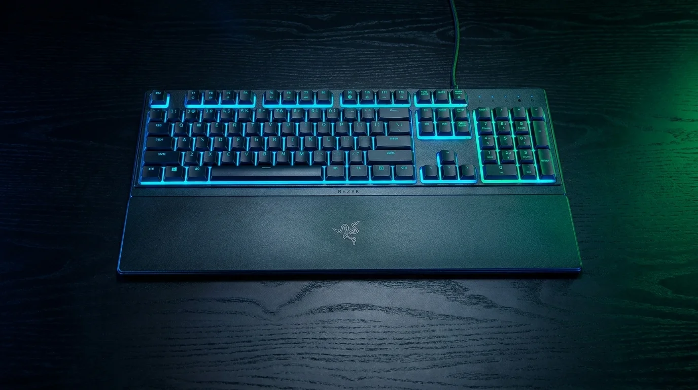 Černá herní klávesnice Razer Ornata V3 X s modrozeleným podsvícením a opěrkou zápěstí na tmavém dřevěném stole.