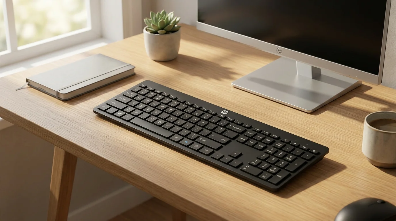 Černá bezdrátová klávesnice HP 230 Wireless na dřevěném stole vedle monitoru a zápisníku.