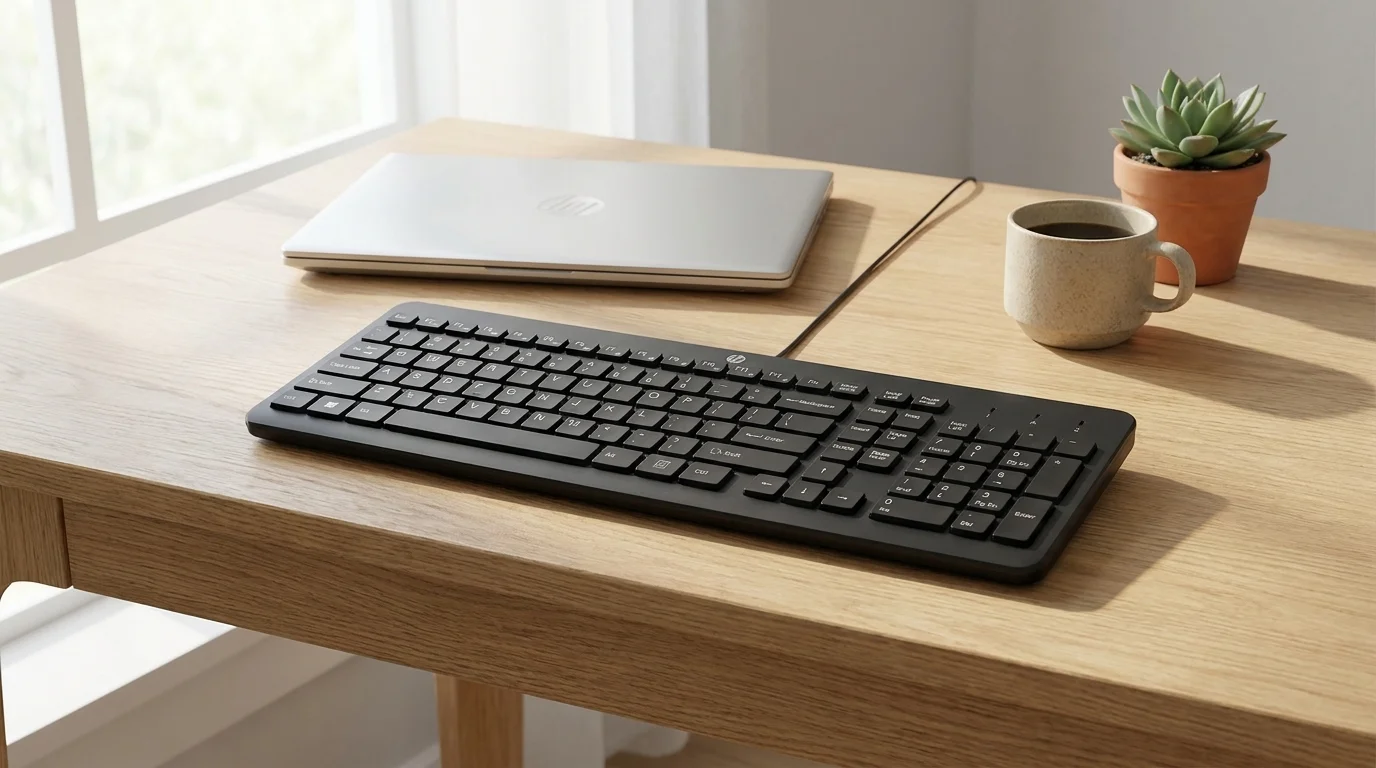 Čierna drôtová klávesnica HP 150 Wired Keyboard na svetlom drevenom stole vedľa zatvoreného strieborného notebooku a šálky.