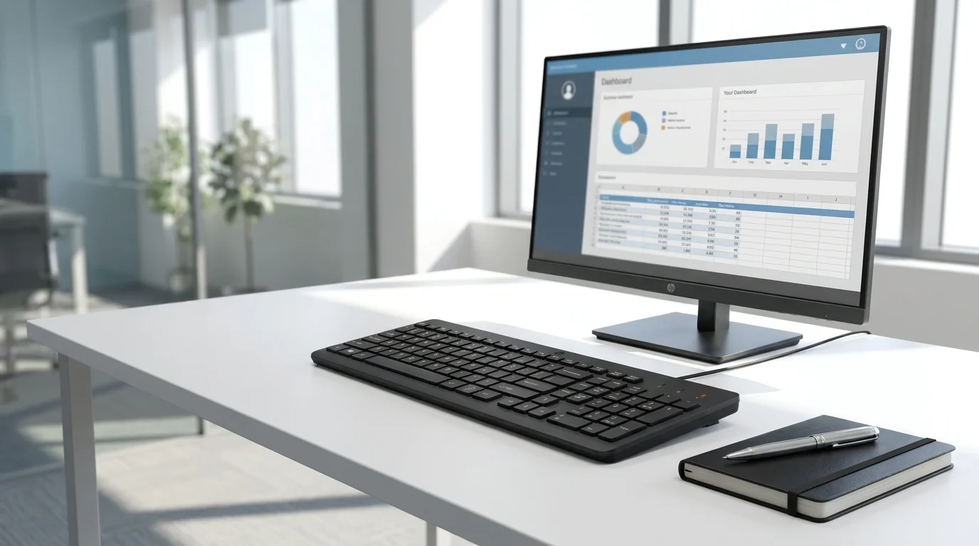 Čierna drôtová klávesnica HP 150 Wired Keyboard položená na bielom stole pred monitorom počítača v modernej kancelárii.