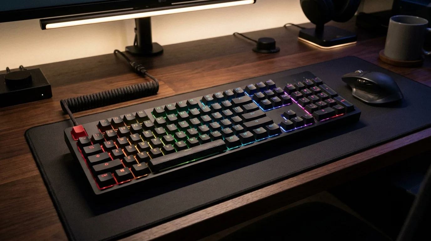 Herní klávesnice HyperX Alloy Origins PBT s barevným RGB podsvícením a krouceným kabelem leží na podložce na dřevěném stole.