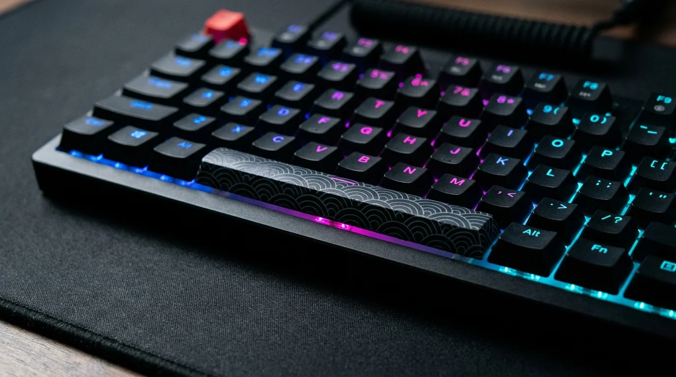 Herní klávesnice HyperX Alloy Origins PBT s barevným RGB podsvícením, červenou klávesou a vzorovaným mezerníkem na černé podložce.