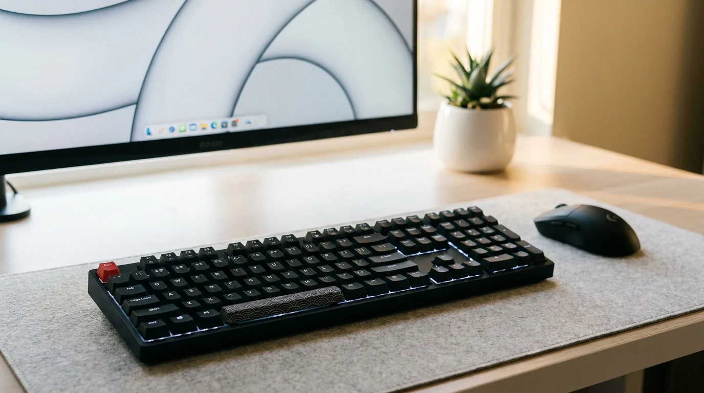 Černá herní klávesnice HyperX Alloy Origins s bílým podsvícením a červenou klávesou Escape leží na šedé podložce na stole vedle černé myši.