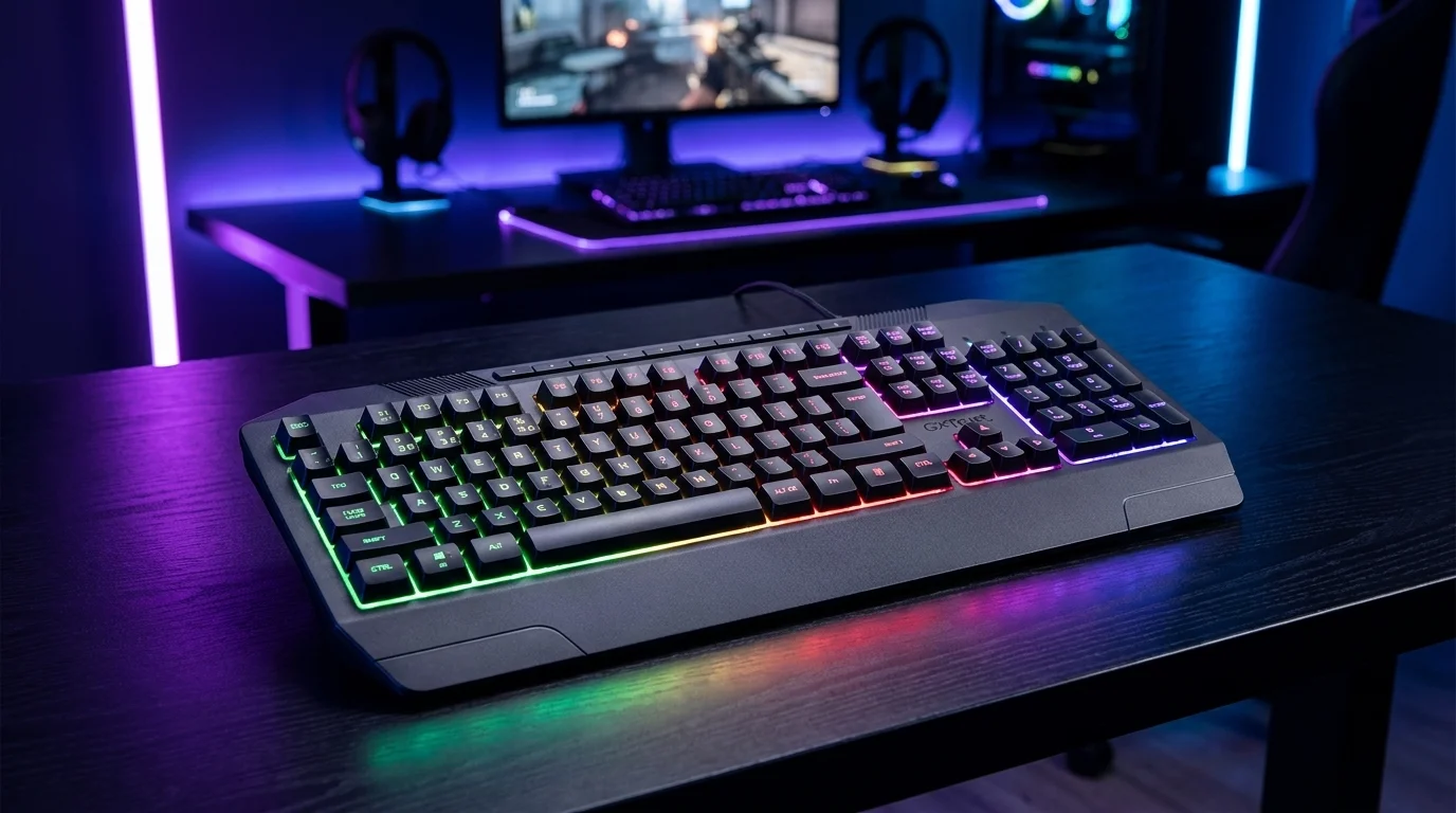 Čierna herná klávesnica Trust GXT 836 EVOCX s farebným RGB podsvietením položená na tmavom stole.