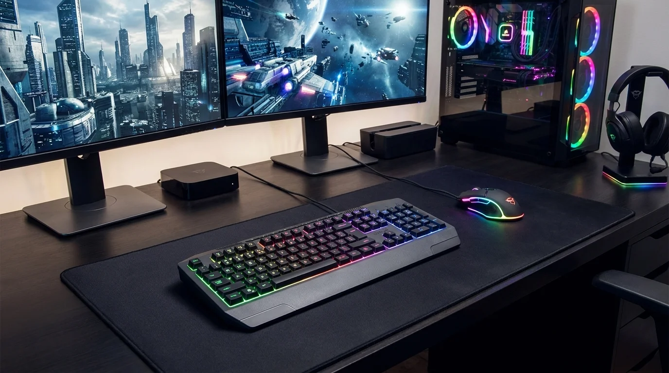 Herná klávesnica Trust GXT 836 EVOCX s RGB podsvietením na čiernej podložke v hernom kútiku s dvoma monitormi a počítačom.