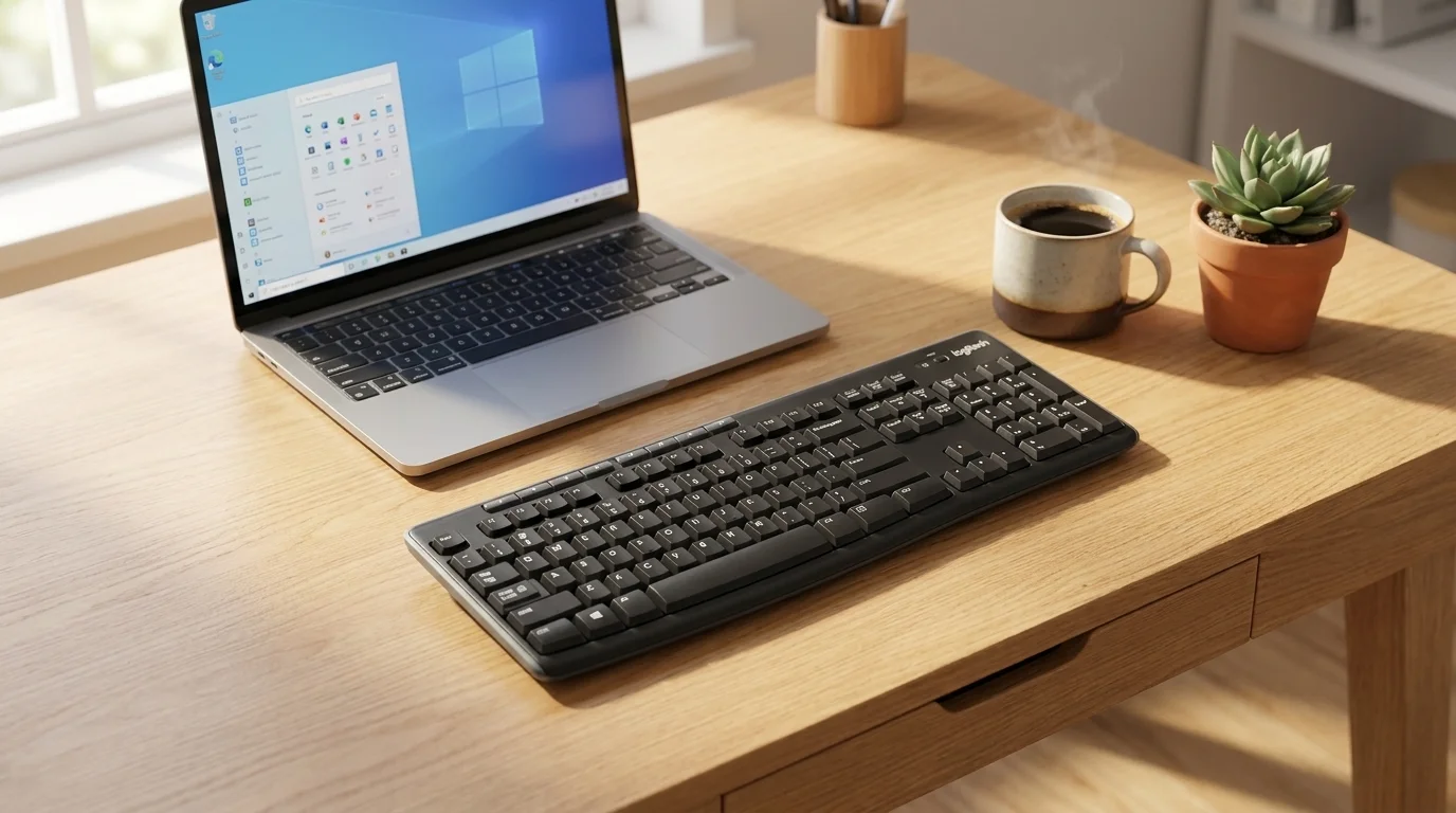 Čierna bezdrôtová klávesnica Logitech K270 položená na svetlom drevenom stole vedľa otvoreného notebooku a šálky kávy.