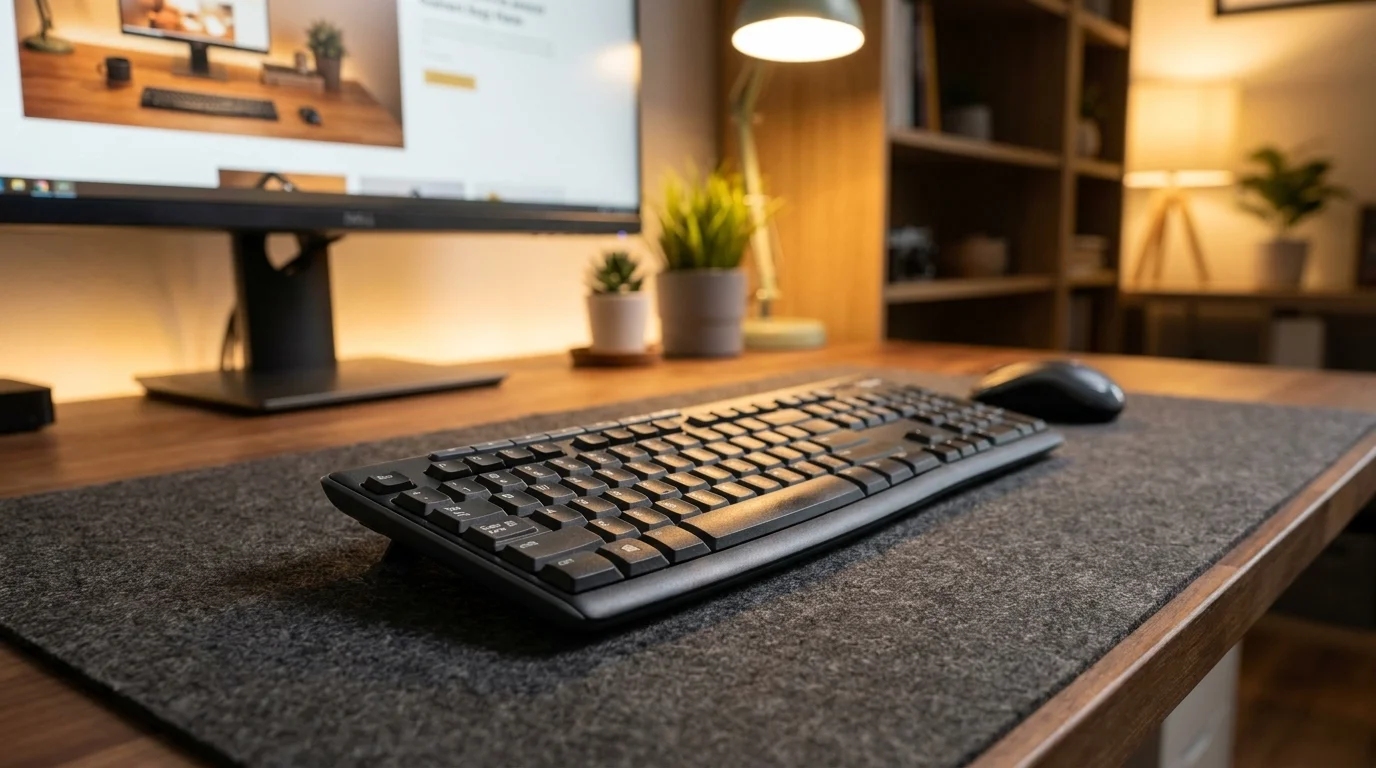 Čierna bezdrôtová klávesnica Logitech K270 na sivej plstenej podložke na drevenom stole v útulne osvetlenej pracovni.