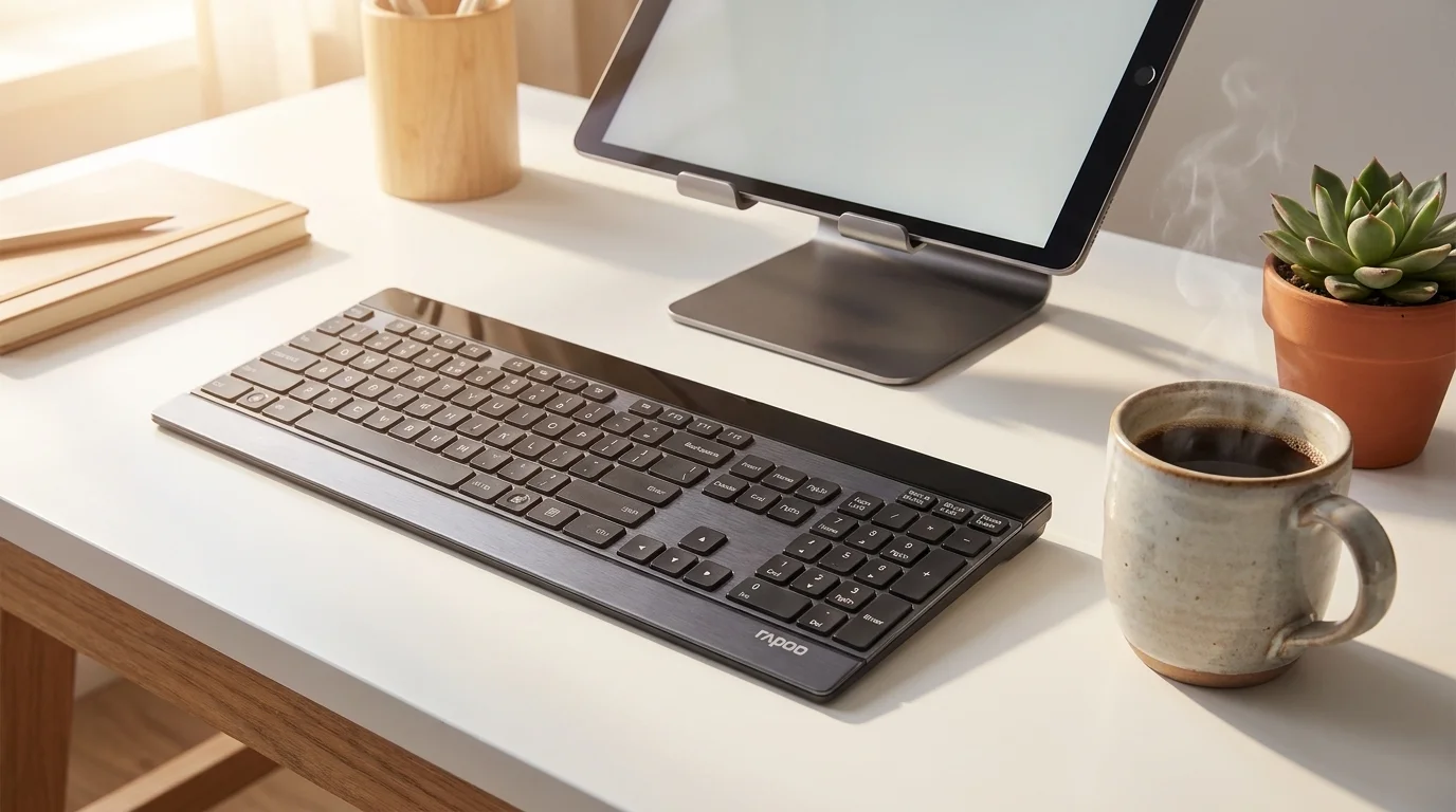 Černá bezdrátová klávesnice Rapoo E9270P na bílém stole vedle tabletu na stojanu a kouřícího hrnku s kávou.