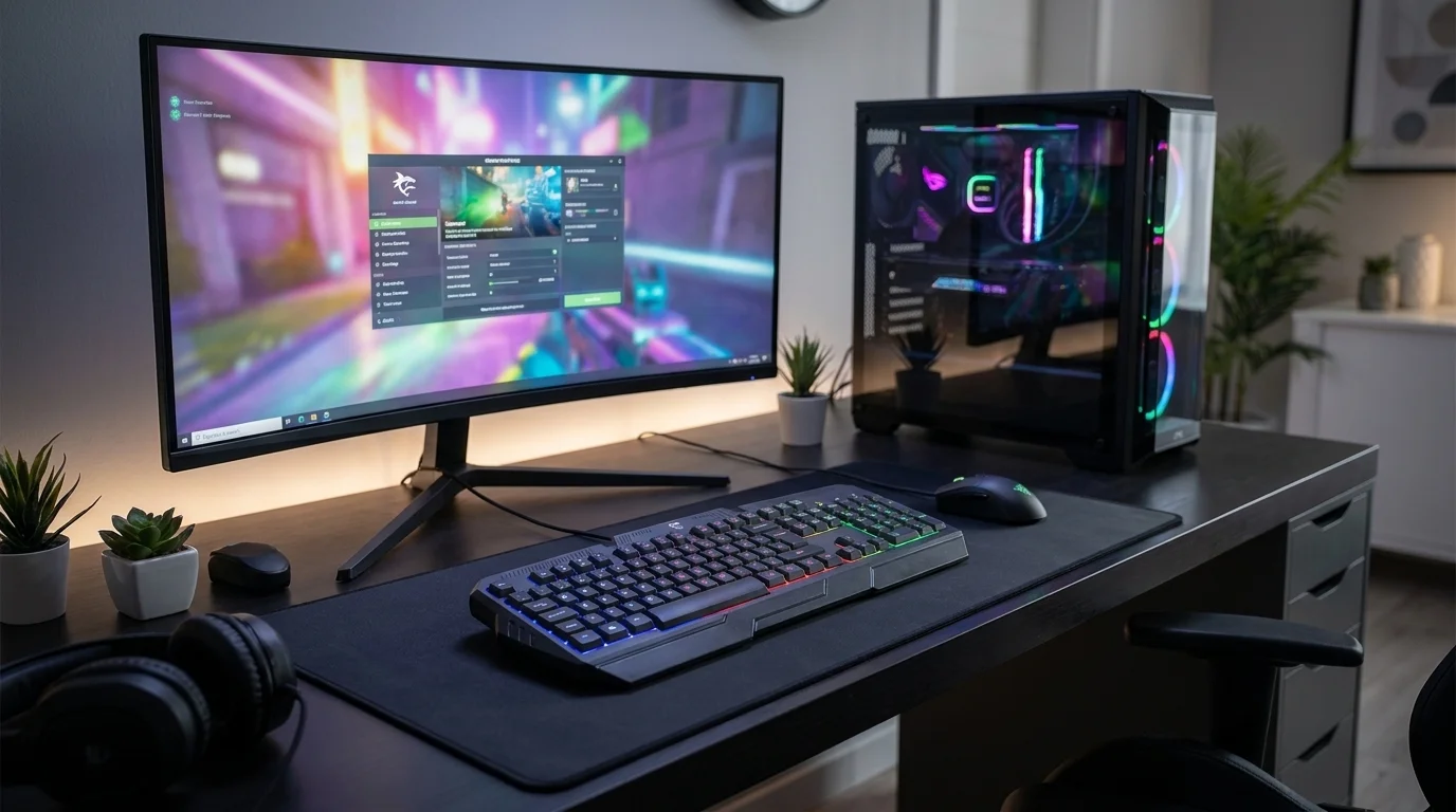 Černá herní klávesnice White Shark DAKOTA s barevným LED podsvícením na stole vedle monitoru a herního počítače.