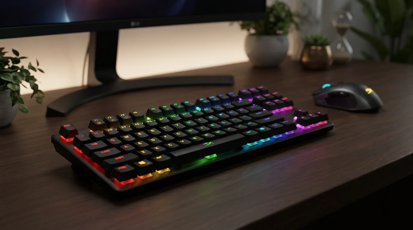 Čierna herná klávesnica HyperX Alloy Origins Core TKL s RGB podsvietením na tmavom drevenom stole vedľa bezdrôtovej myši.