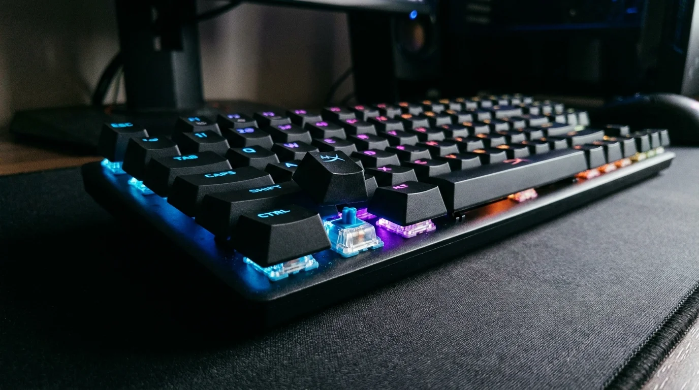 Čierna herná klávesnica HyperX s RGB podsvietením a jedným odobraným klávesom, ktorý odhaľuje modrý mechanický spínač.