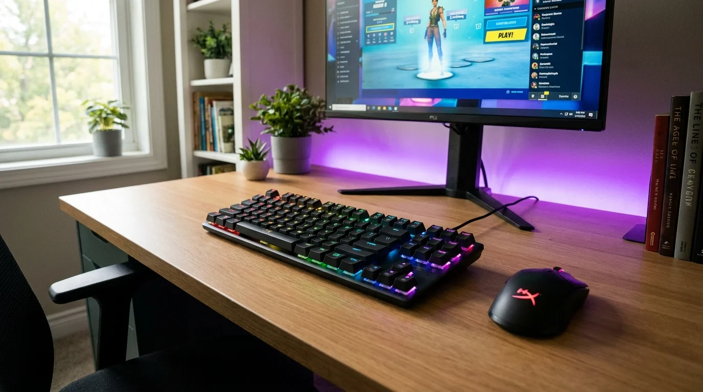 Herná klávesnica HyperX Alloy Origins Core s RGB podsvietením a herná myš na drevenom stole pred monitorom.