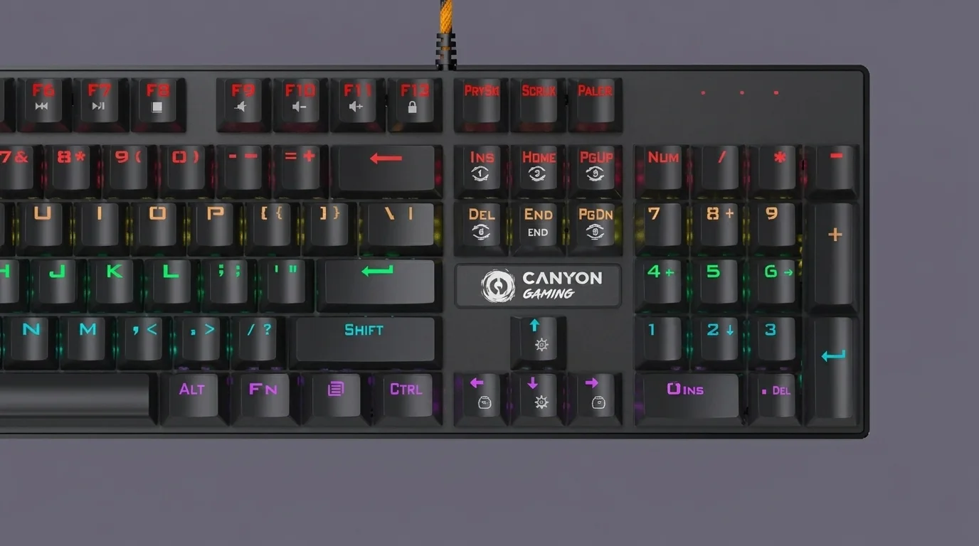 Detailní pohled na černou herní klávesnici Canyon GK-4 Deimos CZ s barevným LED podsvícením kláves a logem Canyon Gaming.
