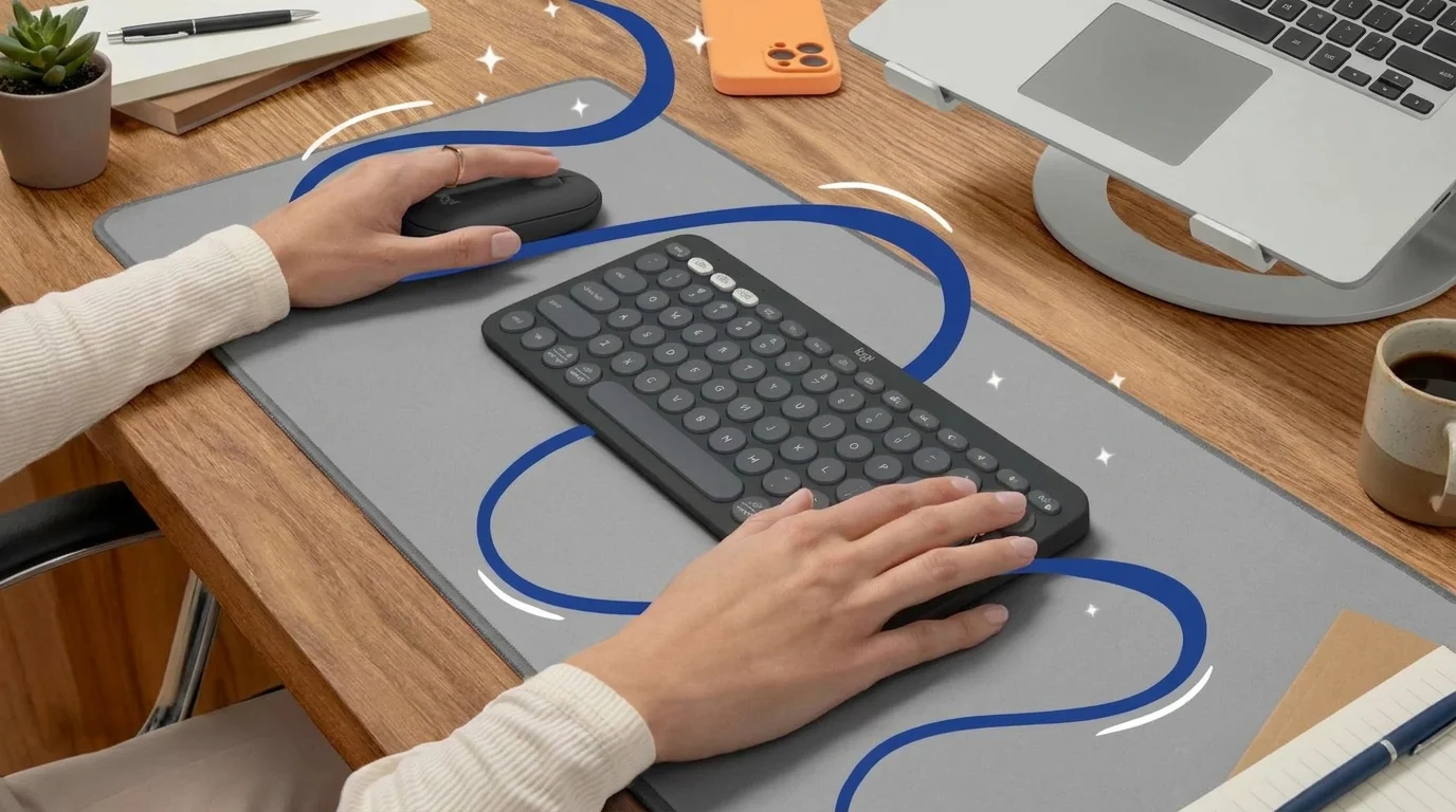 Ruce píšící na bezdrátové klávesnici Logitech K380s Graphite a používající myš na šedé podložce na stole.
