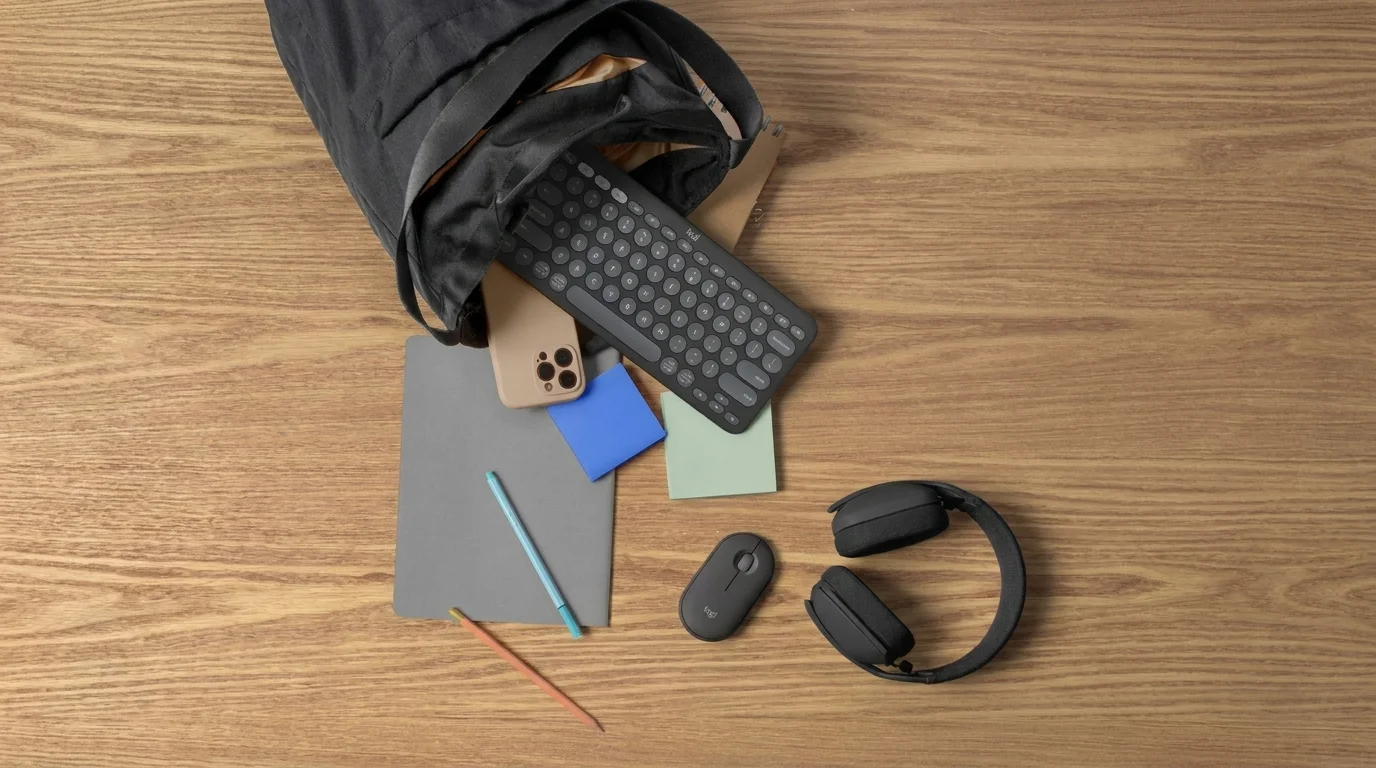 Klávesnice Logitech K380s Graphite vyčnívá z batohu na dřevěném stole vedle telefonu, zápisníků, psacích potřeb, myši a bezdrátových sluchátek.