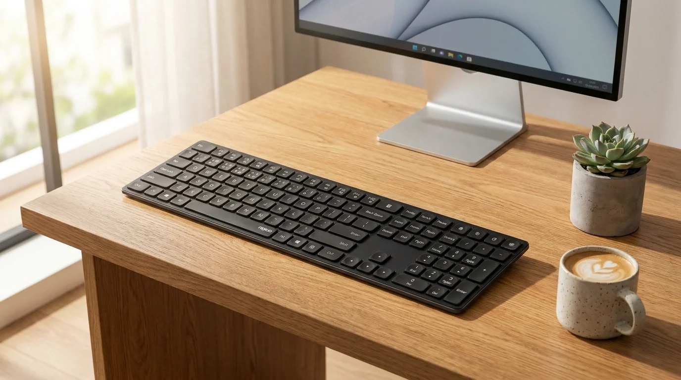 Černá bezdrátová klávesnice Rapoo E8020M na dřevěném stole vedle monitoru, hrnku s kávou a malého sukulentu.