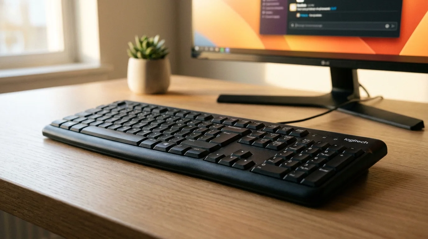 Čierna klávesnica Logitech K120 položená na svetlom drevenom stole pred počítačovým monitorom.