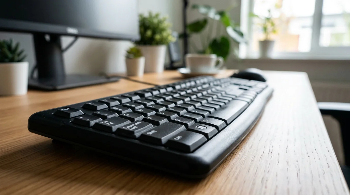Čierna klávesnica Logitech K120 položená na drevenom stole s monitorom a rastlinami v rozostrenom pozadí.
