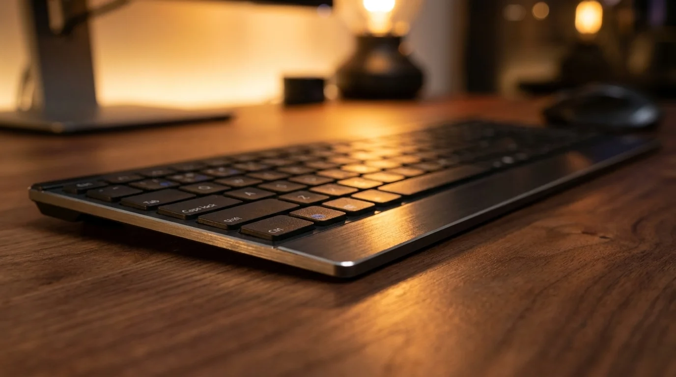 Ultratenká bezdrátová klávesnice Rapoo E9500M Black s hliníkovým tělem na dřevěném stole v teplém osvětlení.
