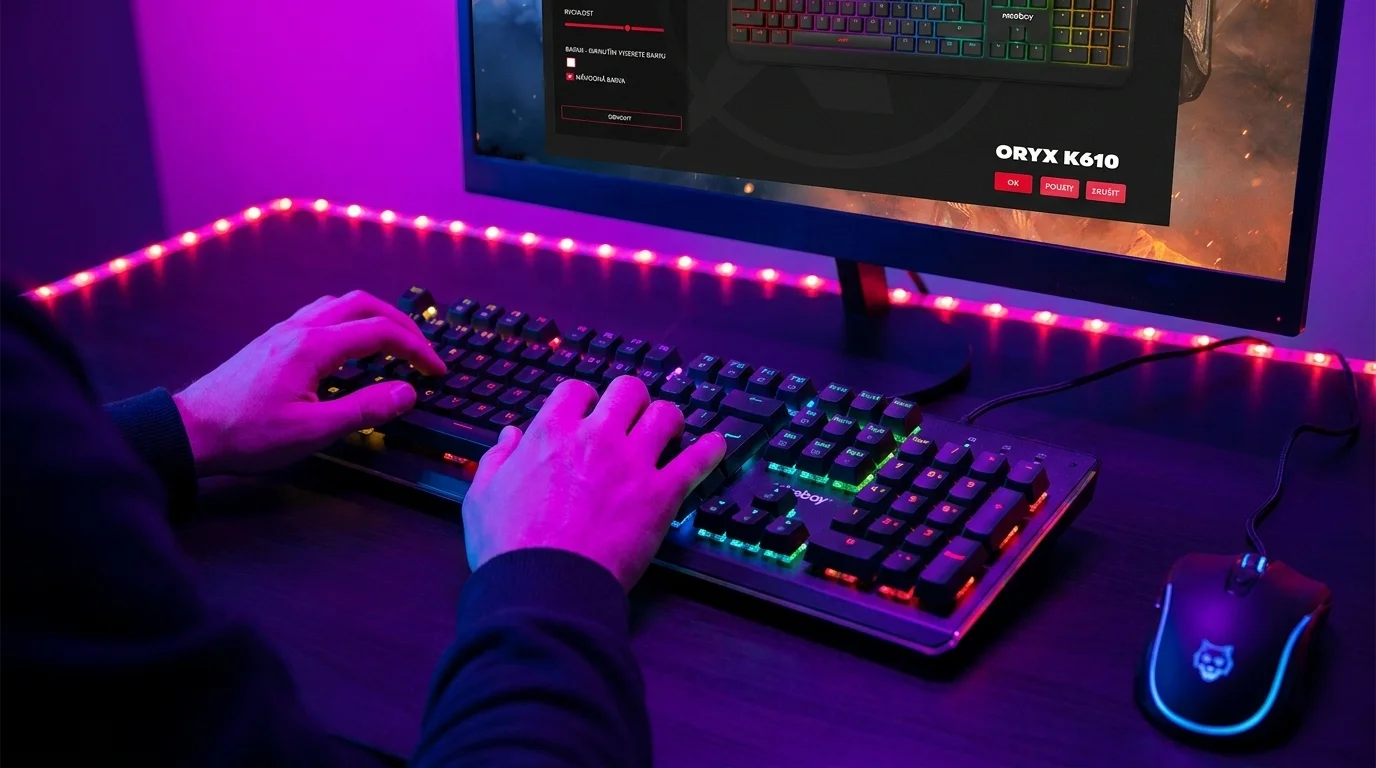 Ruce na podsvícené herní klávesnici Niceboy ORYX K610 Chameleon u monitoru s herní myší v prostředí s fialovým LED osvětlením.