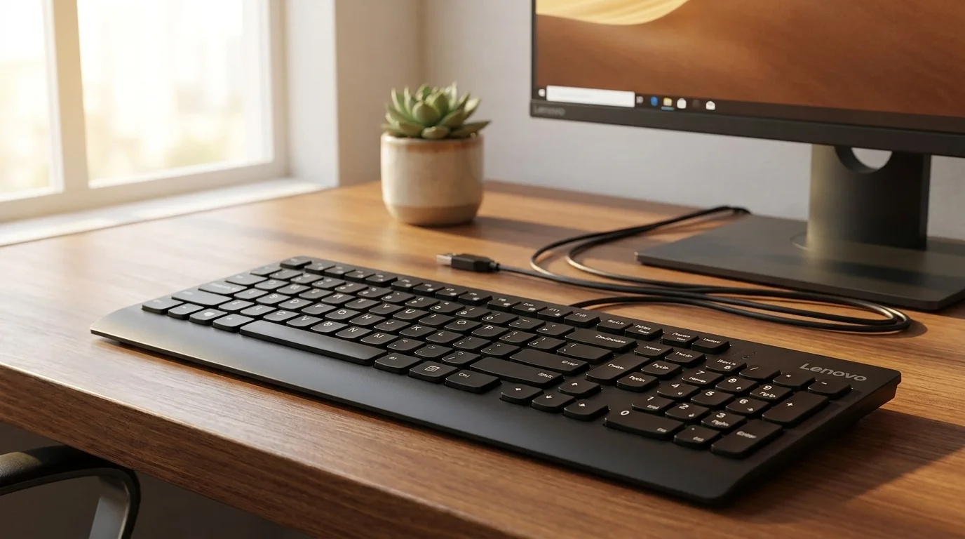 Černá klávesnice Lenovo 300 USB Keyboard na dřevěném stole před počítačovým monitorem.