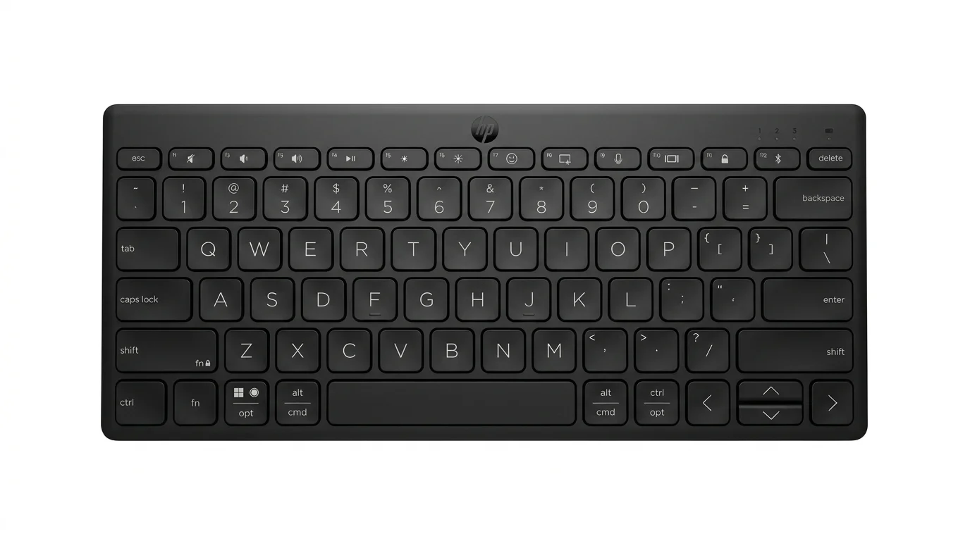 Čierna bezdrôtová klávesnica HP 350 Compact Multi-Device BT zobrazená zhora.