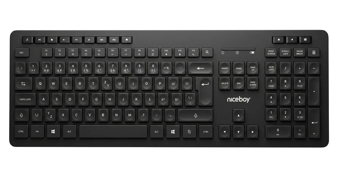 Černá bezdrátová klávesnice Niceboy OFFICE K10 Comfort s českým rozložením kláves zobrazená shora na bílém pozadí.