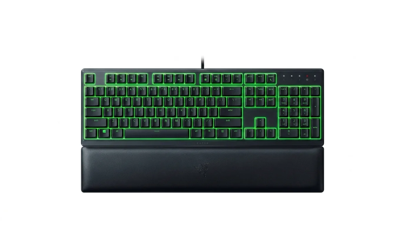 Černá herní klávesnice Razer Ornata V3 X se zeleným podsvícením kláves a černou opěrkou zápěstí na bílém pozadí.