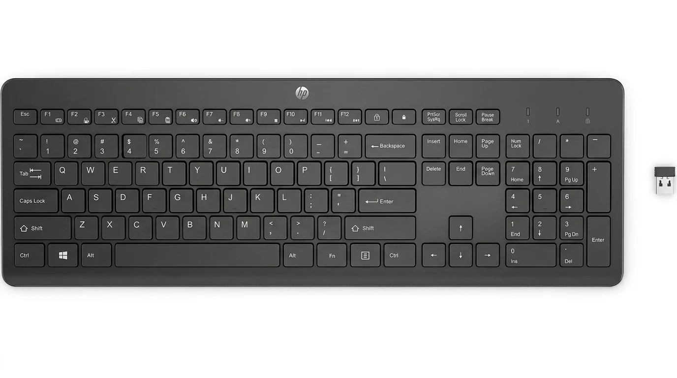 Černá bezdrátová klávesnice HP 230 Wireless s nízkoprofilovými klávesami a malým USB přijímačem.