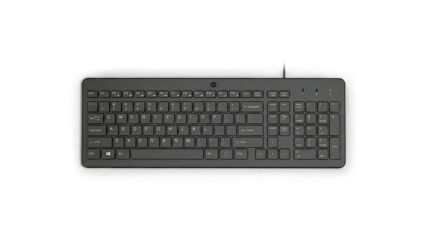 Čierna drôtová klávesnica HP 150 Wired Keyboard s nízkoprofilovým dizajnom zobrazená zhora na bielom pozadí.