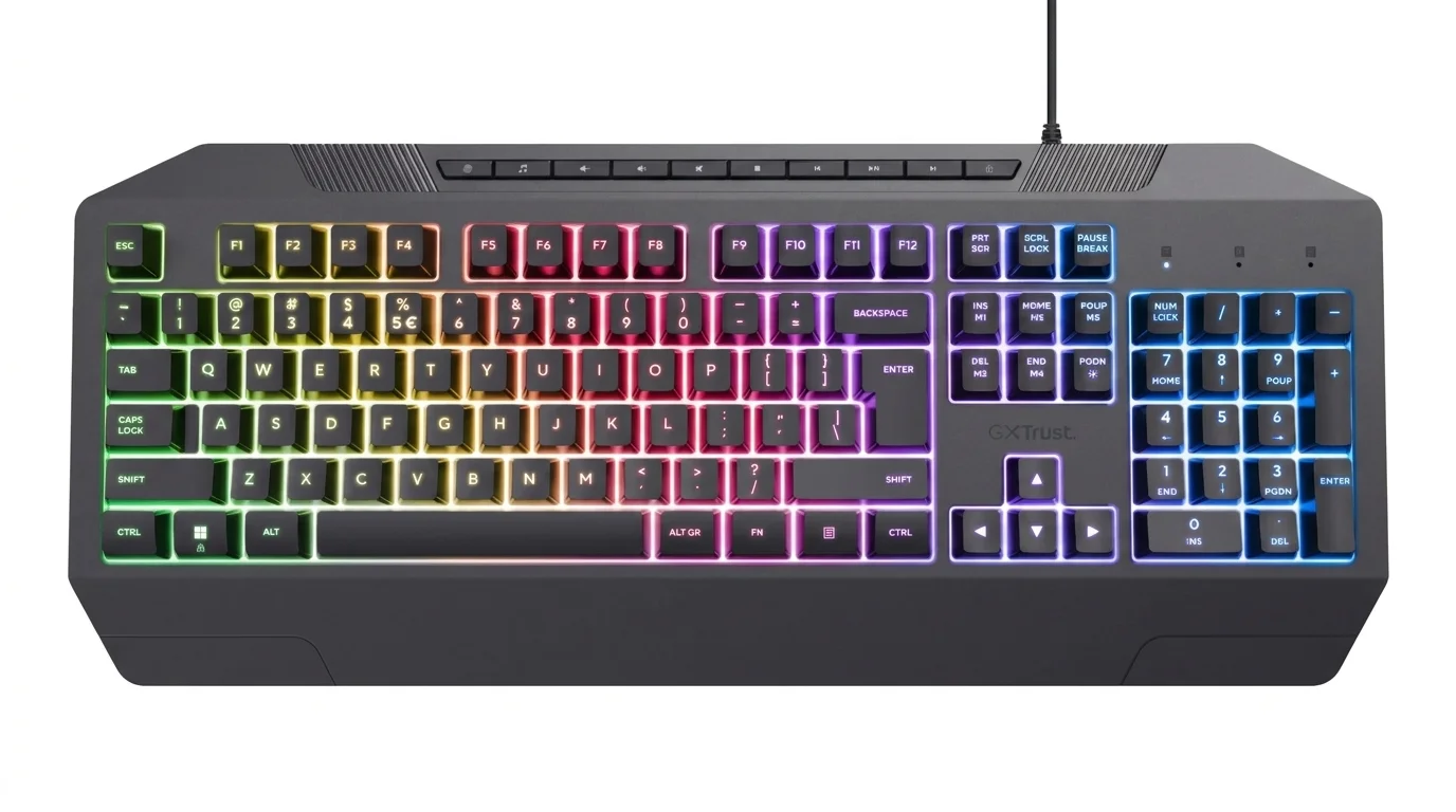 Čierna herná klávesnica Trust GXT 836 Evocx s farebným RGB podsvietením klávesov.
