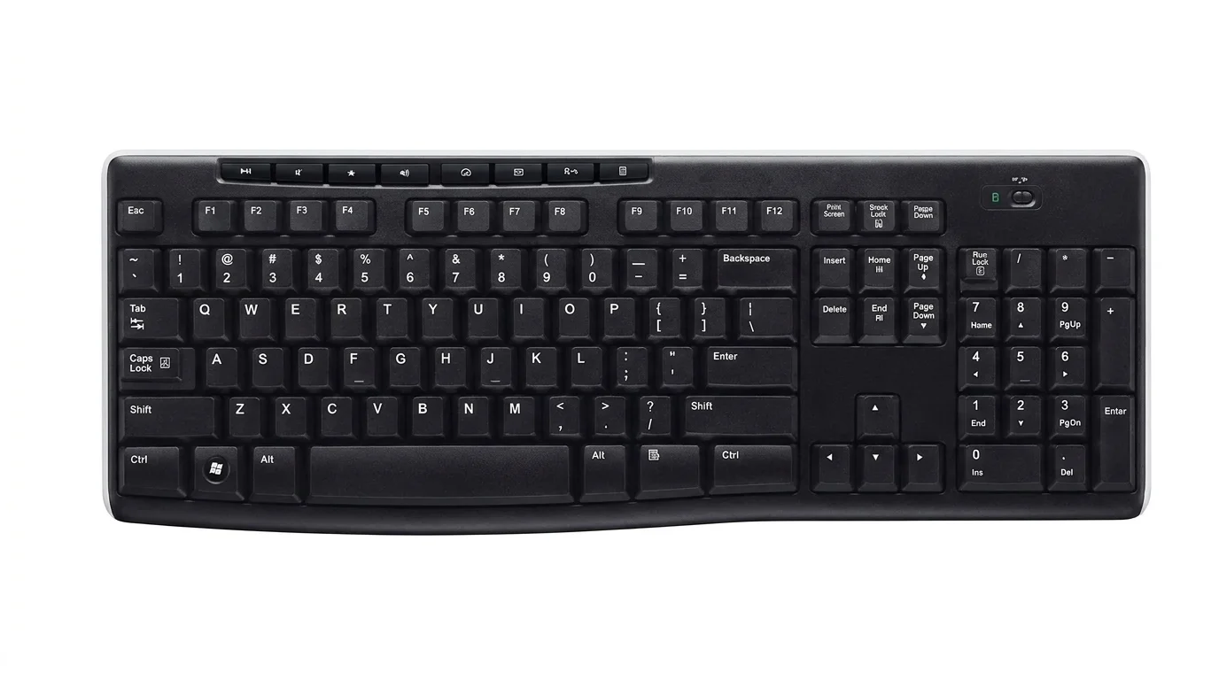 Čierna bezdrôtová klávesnica Logitech K270 s numerickou časťou zobrazená zhora na bielom pozadí.
