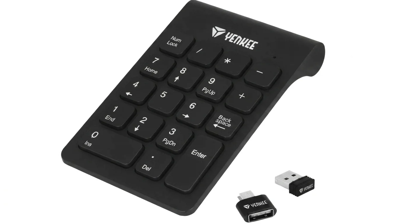 Čierna bezdrôtová numerická klávesnica Yenkee YKB 4020 WL s USB prijímačom a USB-C redukciou.