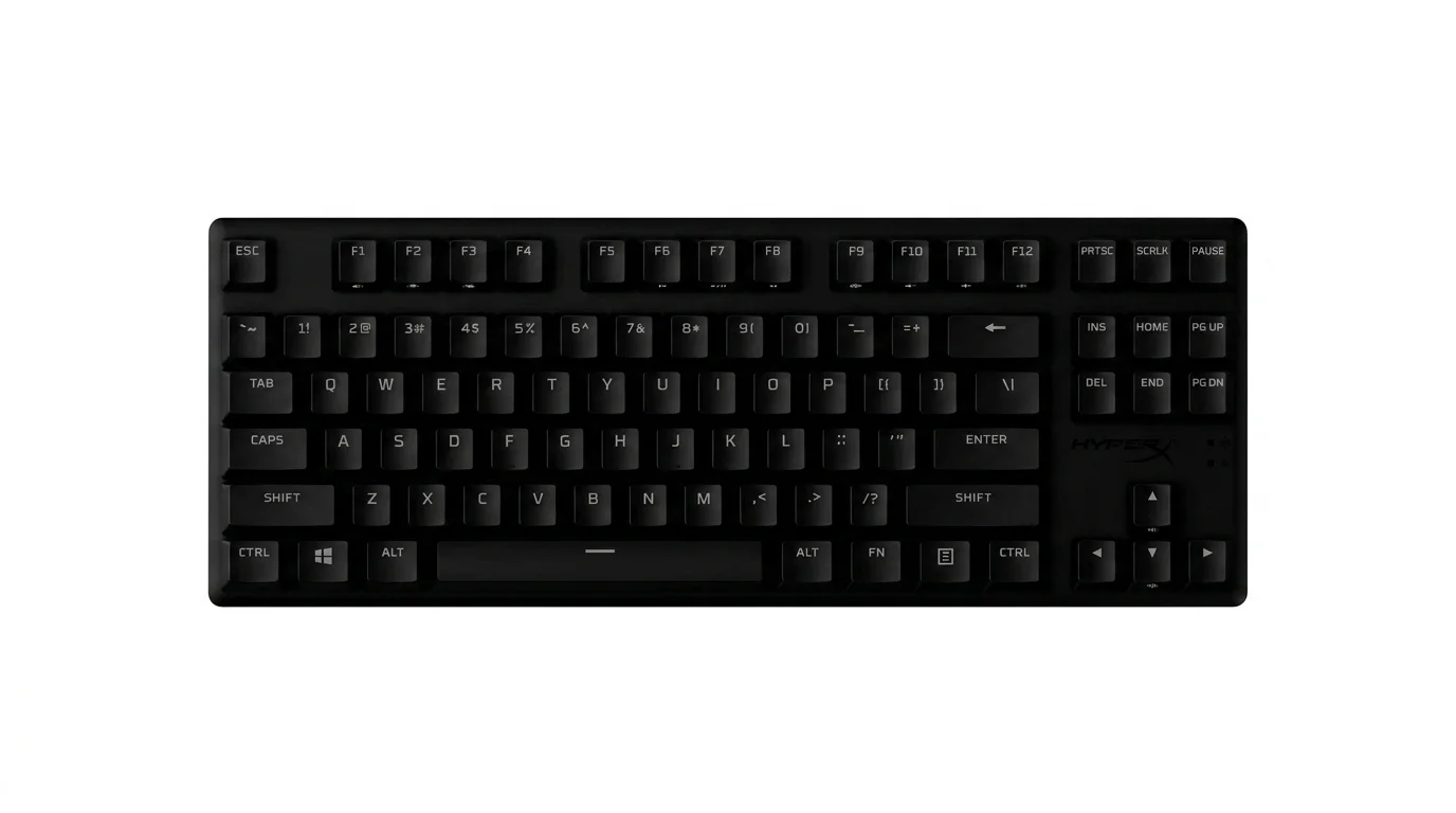 Čierna herná klávesnica HyperX Alloy Origins Core TKL s americkým rozložením klávesov na bielom pozadí.