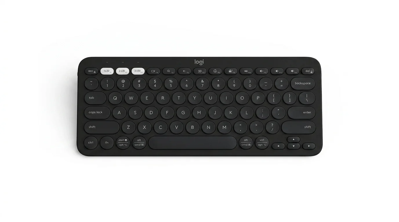Bezdrátová klávesnice Logitech K380s Graphite s kulatými klávesami a třemi světlými tlačítky na bílém pozadí.