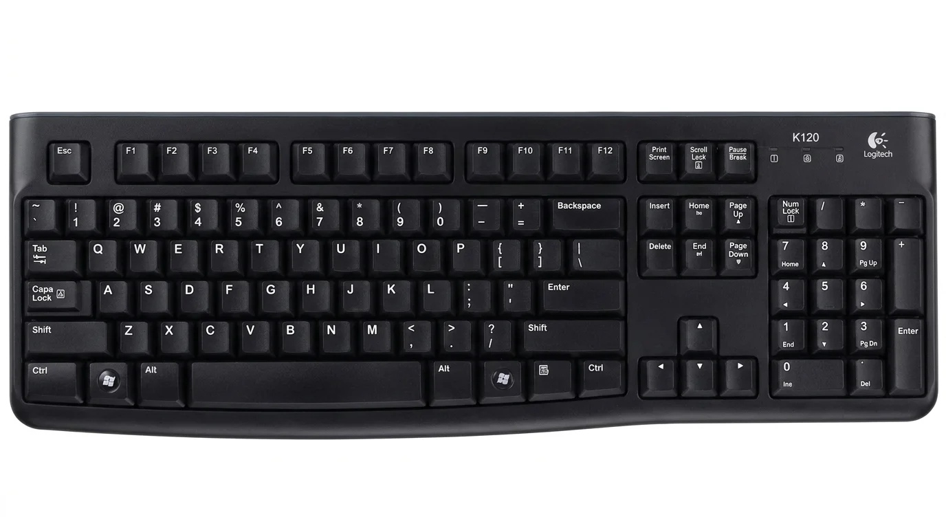 Čierna počítačová klávesnica Logitech K120 s bielym písmom zobrazená zhora.