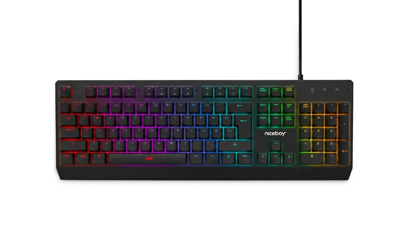 Černá herní klávesnice Niceboy ORYX K610 Chameleon s barevným RGB podsvícením kláves na bílém pozadí.