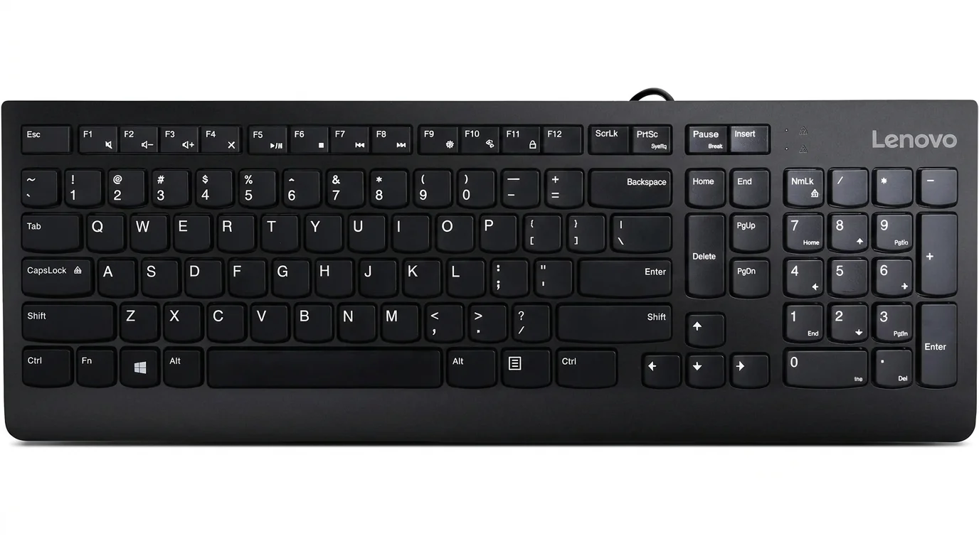 Černá klávesnice Lenovo 300 USB Keyboard s numerickým blokem a logem Lenovo v pravém horním rohu.