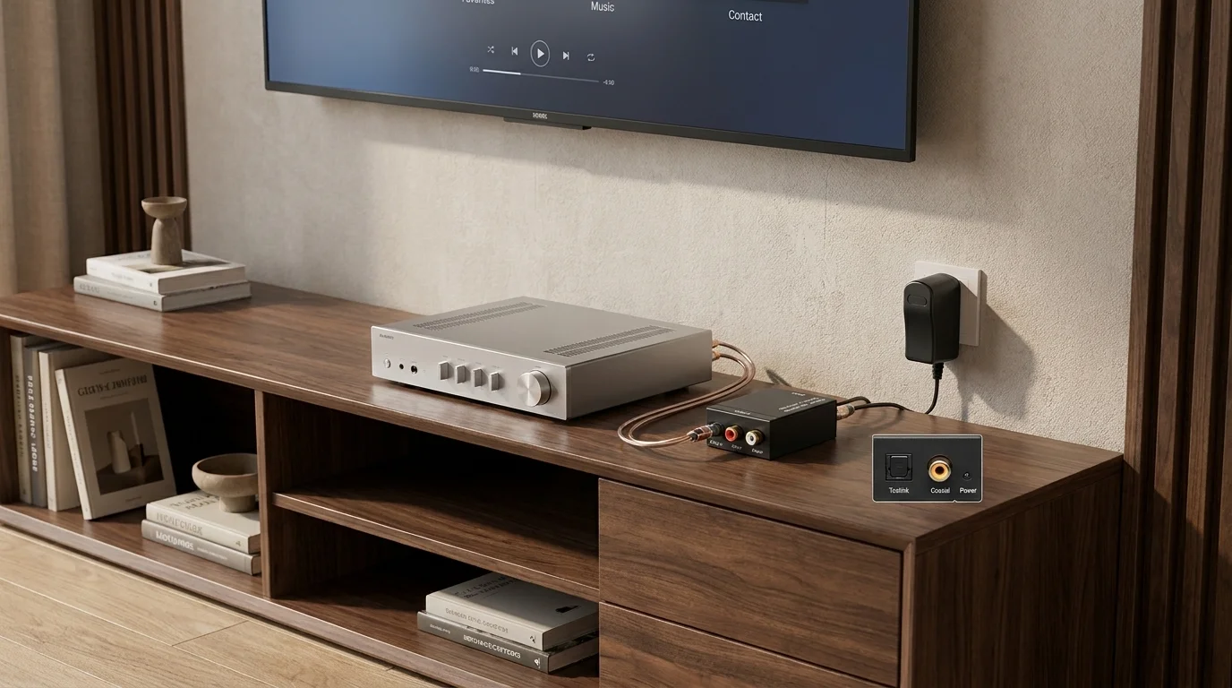 Audio převodník zapojený k zesilovači na stolku pod televizí s detailem konektorů Toslink a Coaxial.