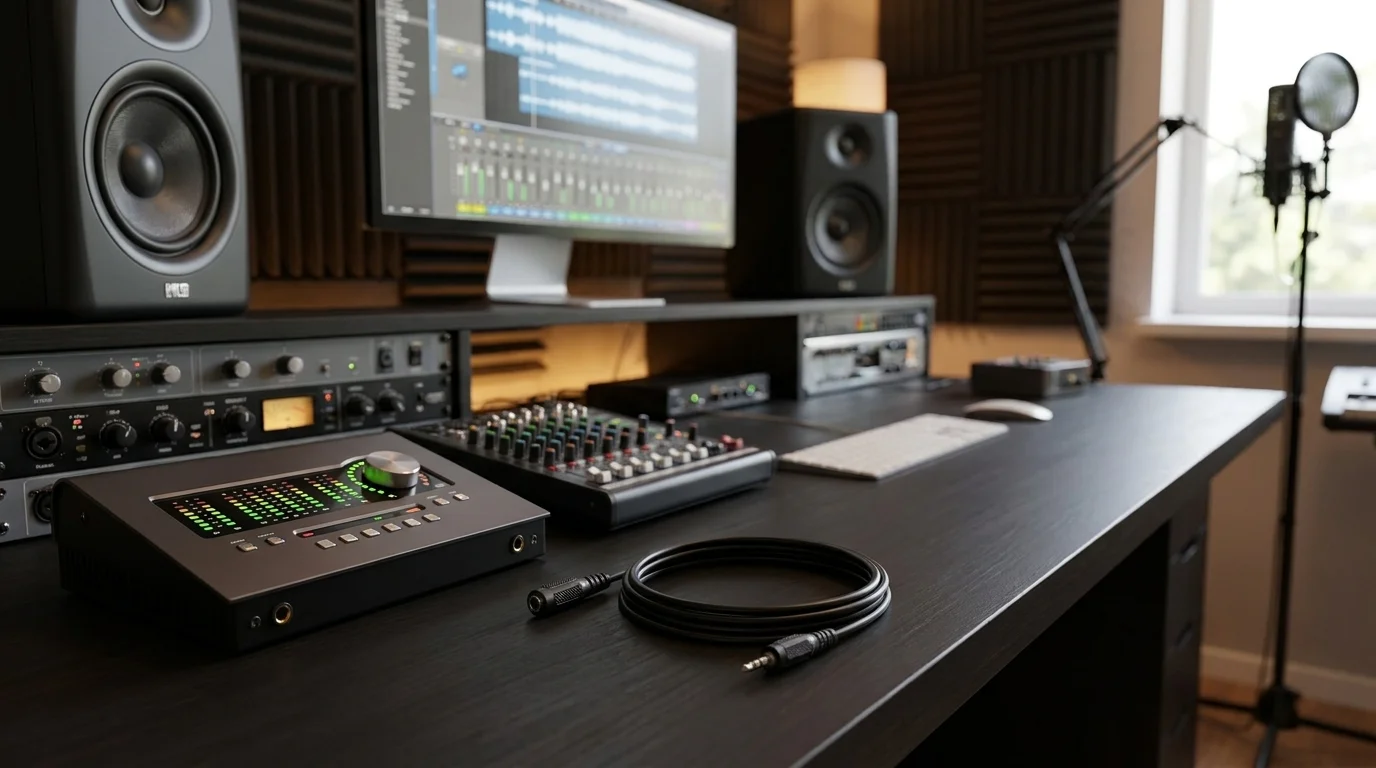 Čierny predlžovací jack kábel Sencor SAV 106-025 zvinutý na pracovnom stole v audio štúdiu.