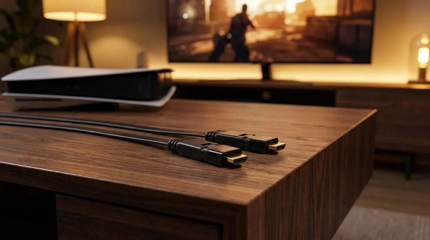 Černý plochý HDMI kabel Sencor s pozlacenými konektory položený na dřevěném stolku před televizí a herní konzolí.