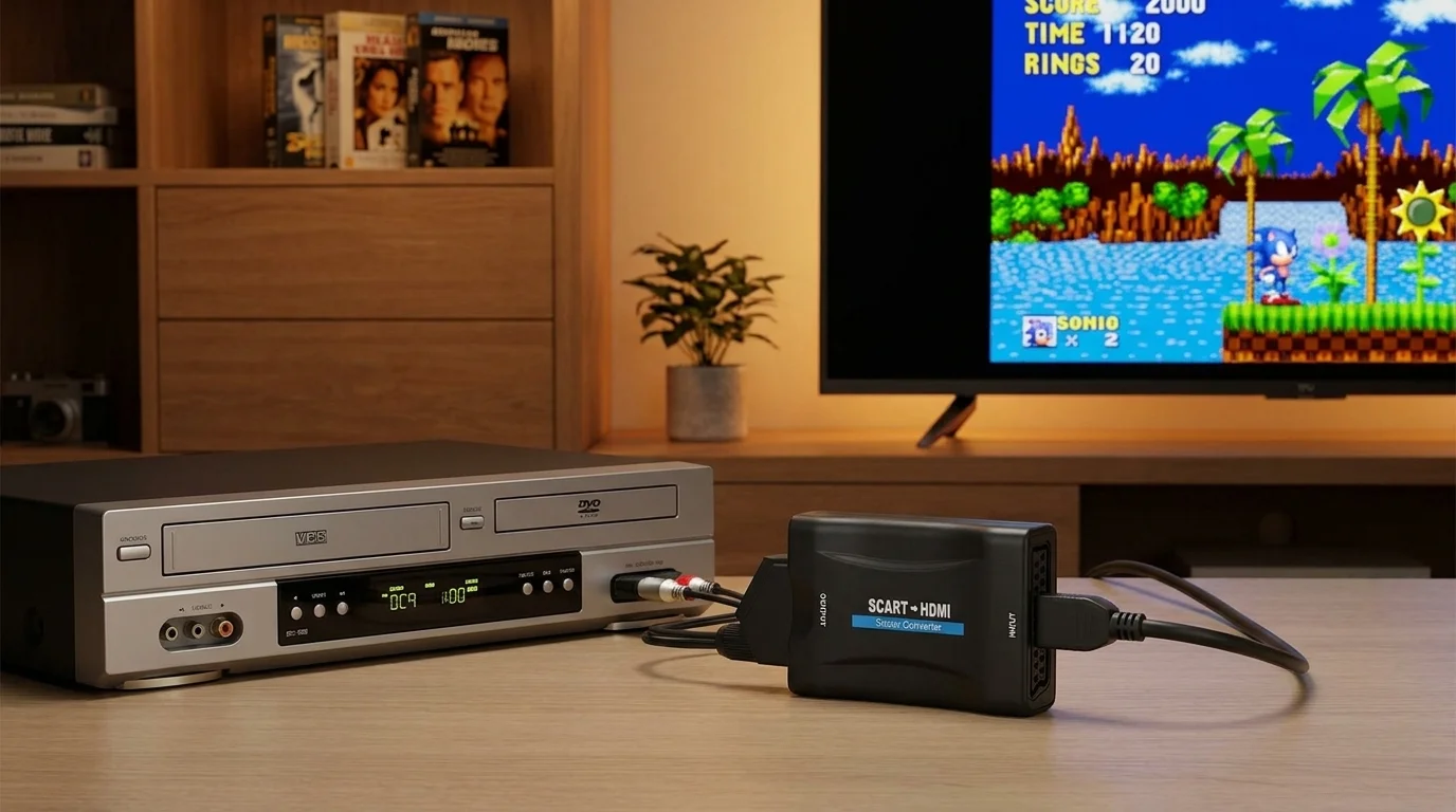 Černý převodník SCART na HDMI propojený kabelem s videopřehrávačem před zapnutou televizí.