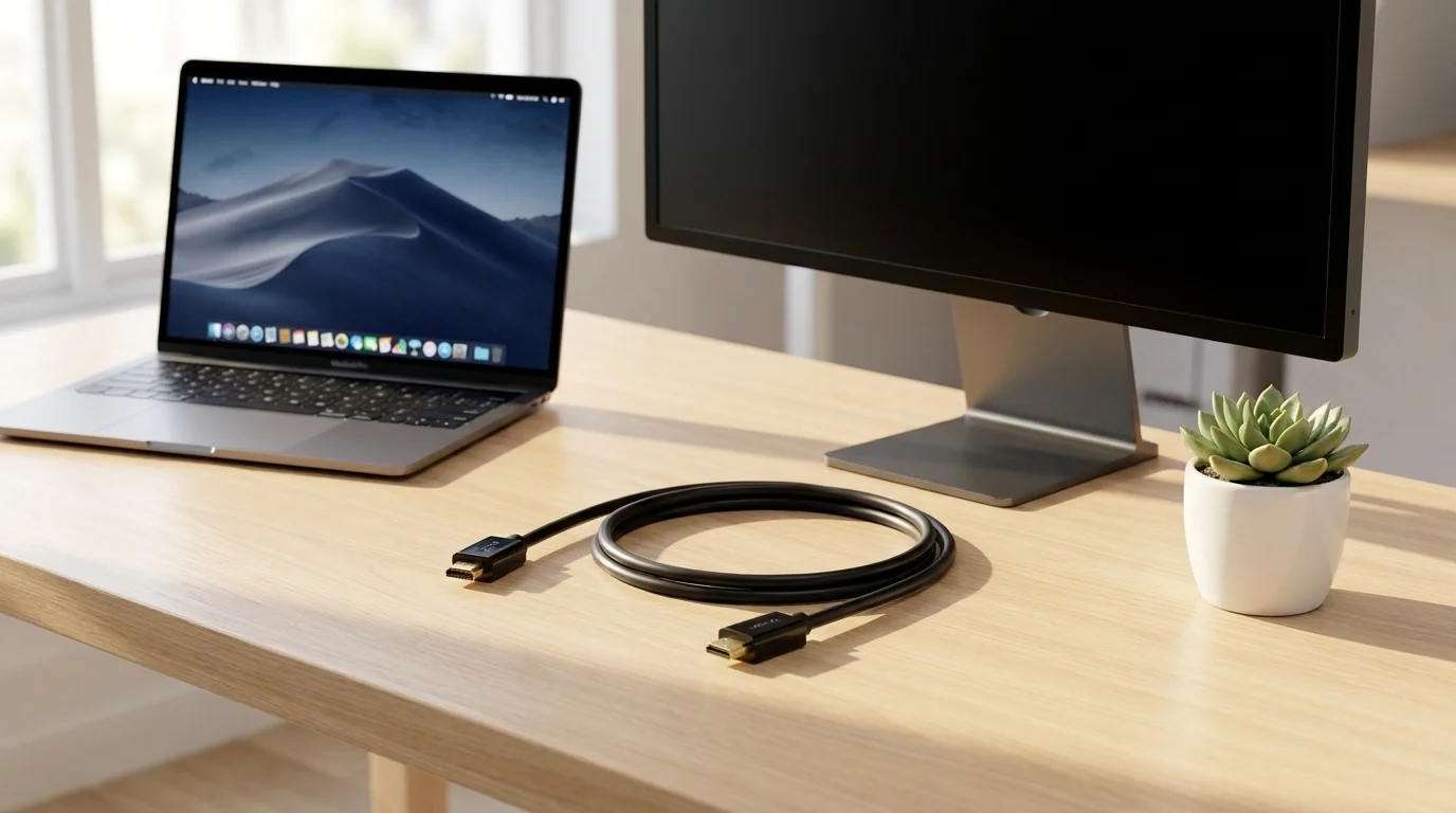 Černý HDMI kabel Sencor smotaný na dřevěném stole mezi notebookem a monitorem.