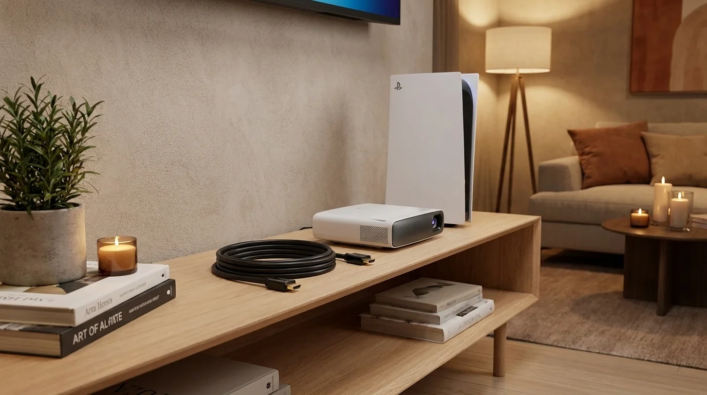 Čierny HDMI kábel Sencor SAV 166-050 zvinutý na drevenom TV stolíku vedľa projektora a hernej konzoly.