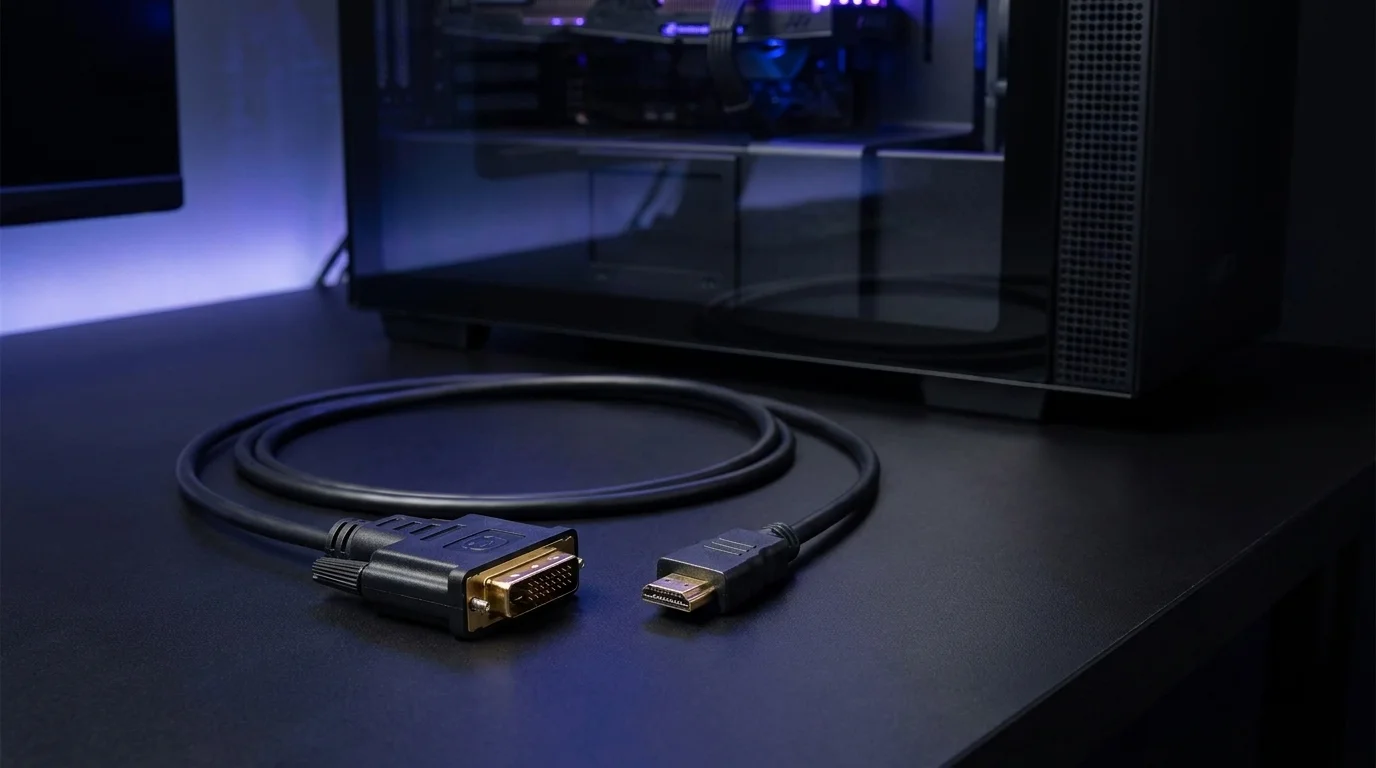Černý kabel Yenkee YCH 515 s pozlacenými konektory HDMI a DVI položený na tmavém stole před počítačovou skříní.