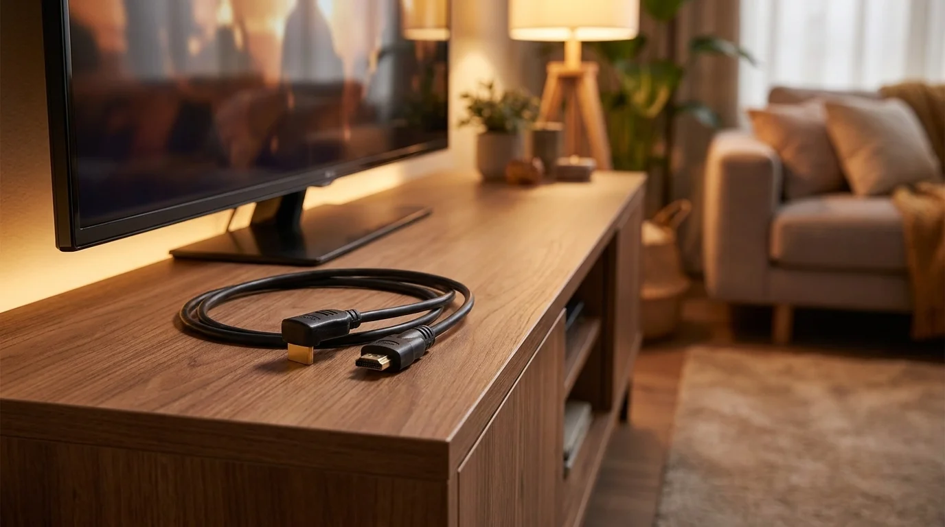 Černý HDMI kabel Sencor SAV 276-015 se zahnutým konektorem položený na dřevěném televizním stolku před televizí.