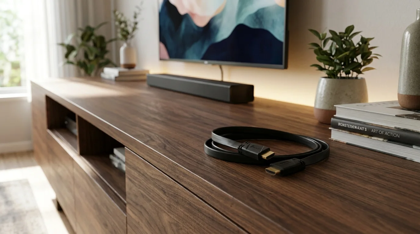 Černý plochý HDMI kabel Sencor SAV 277-015 svinutý na dřevěné TV skříňce.