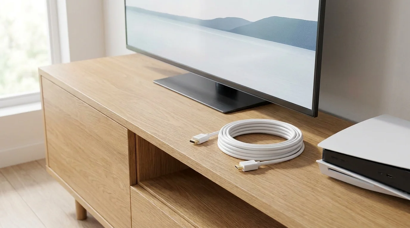 Svinutý bílý HDMI kabel Sencor s pozlacenými konektory na dřevěném televizním stolku vedle herní konzole.